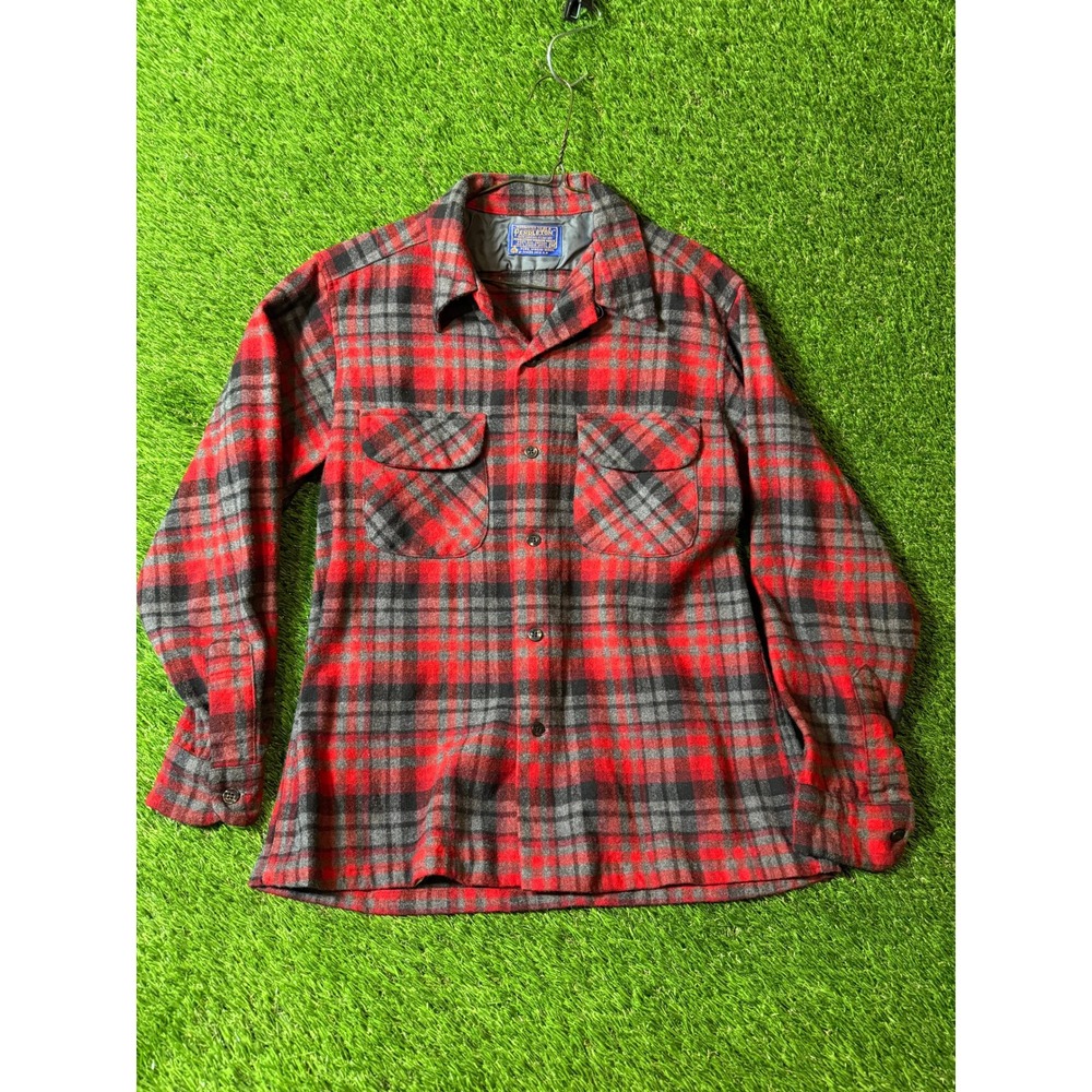 Pendleton Plaid‎ Wool Shirt Red Black Gray Men's Vintage Size Large
